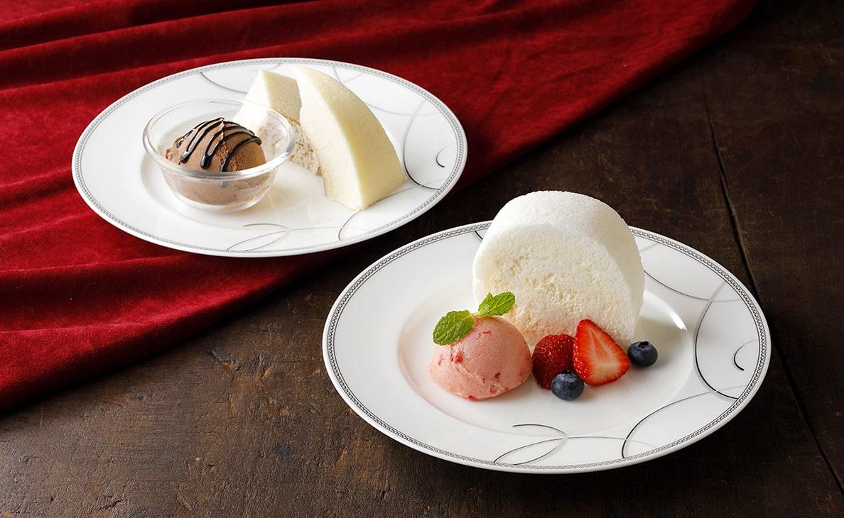 白いロールケーキプレート ストロベリーシャーベット添え メニュー 白い恋人パーク